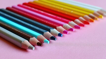 Fototapeta premium Artistic flat lay of colored pencils arranged in a gradient on a softly blurred pastel paper background