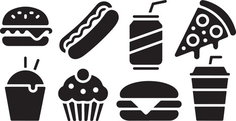 Minimalist fast food vector glyph set with playful icons
