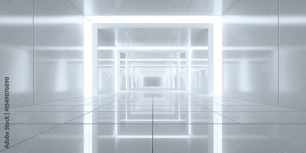 Poster futuristic white corridor with glowing neon light frames and reflective tiled floor