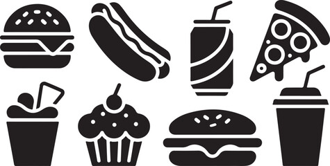Black silhouette fast food symbol collection for app or signage
