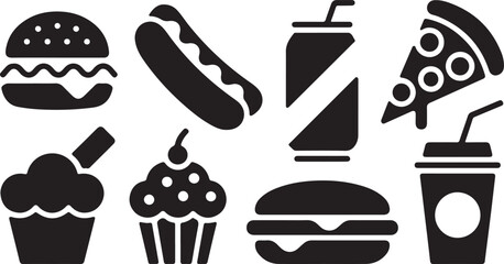 Restaurant fast food icon pack in black silhouette vector style