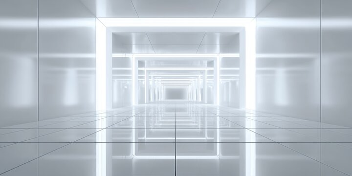 Futuristic white corridor with glowing neon light frames and reflective tiled floor
