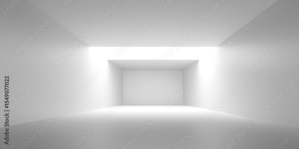 Poster spacious minimalist white corridor with bright rectangular opening and soft lighting