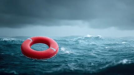 Lifebuoy floating in rough stormy sea du heavy rain and stormy weather