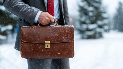 A businessman stands confidently in the snow while holding a brown briefcase, representing professionalism and determination amidst a chilly winter backdrop.