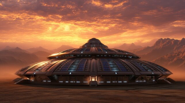 Futuristic colony module nestled in a crater with solar arrays glowing beneath the Martian sunset