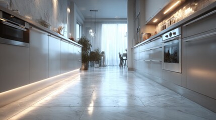 Modern sleek kitchen with illuminated countertops and spacious dining area