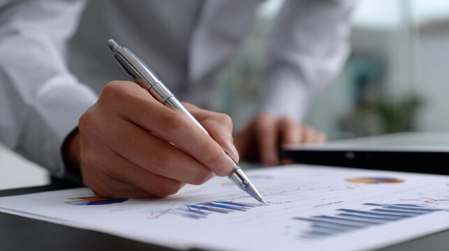 A financial sketch-style stock photo of a businessman holding a pen and writing on a report paper with a business graph, close-up view. 