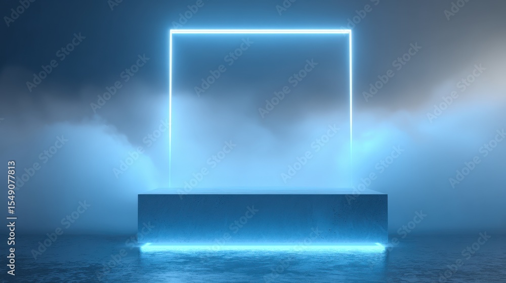 Aufkleber Futuristic glowing rectangular frame illuminated in misty atmospheric setting with neon light glow