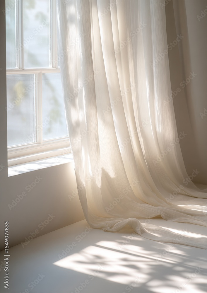Aufkleber soft flowing white curtains hanging by a window with sunlight streaming through