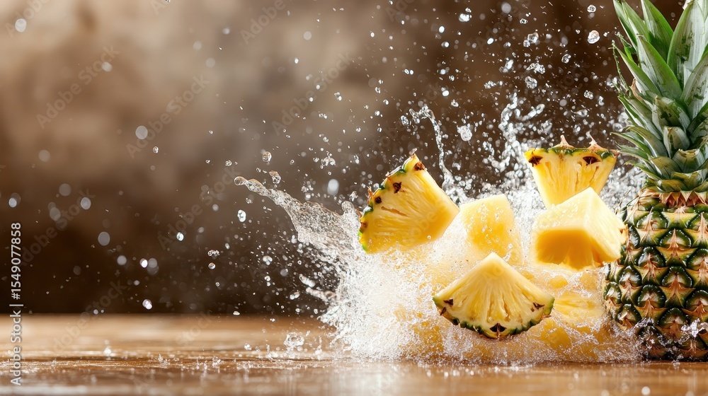 Poster an artistic image capturing the moment fresh pineapple chunks collide with water, creating a stunnin