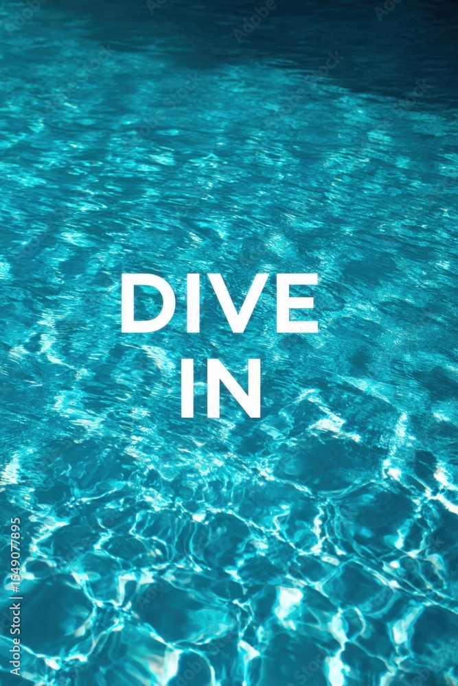 Poster vibrant ocean water surface with ripples and sunlight reflection with dive in text