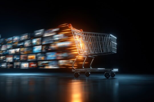 Long exposure of empty shopping cart moving past digital screens with colorful images