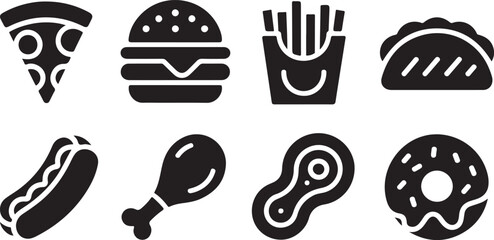 Solid black vector icons of popular fast food and snacks