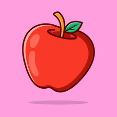 Adorable red apple cartoon illustration with a green leaf on a pink background. Perfect for kids, food icons, stickers, and healthy eating designs.