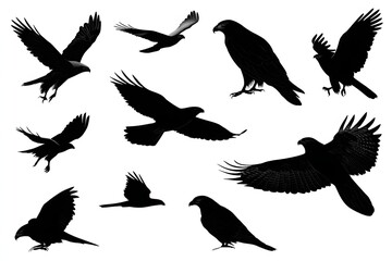 Obraz premium Stylized raptor silhouettes in dynamic flight and standing positions, crafted in black ink on white canvas. Great for wildlife infographics, graphic design elements, and digital prints.