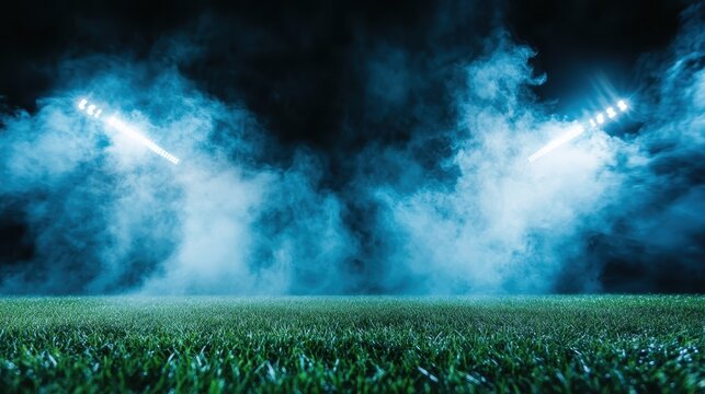 A captivating view of a fog-covered stadium with bright lights, creating a dramatic atmosphere perfect for sports events and thrilling live performances.