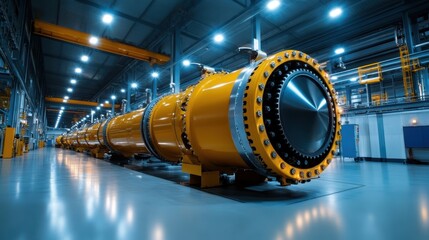 A striking image of large industrial machinery in a highly lit factory, symbolizing innovation, strength, and the mechanical elegance of modern technology in the workspace.