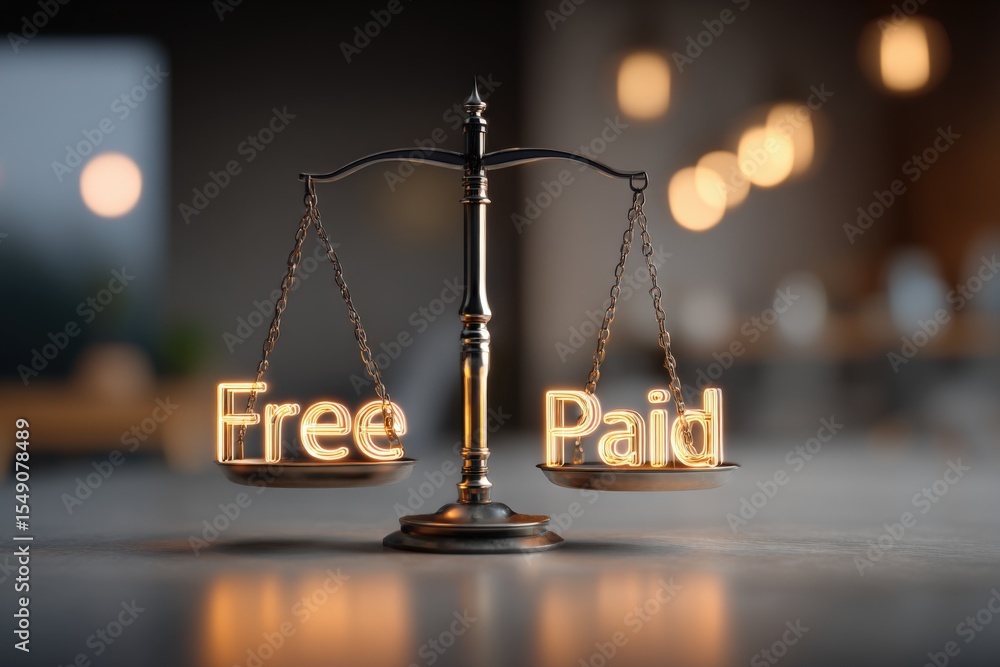 Poster scales with the words free and paid illuminated on each side representing balance in finance and dec