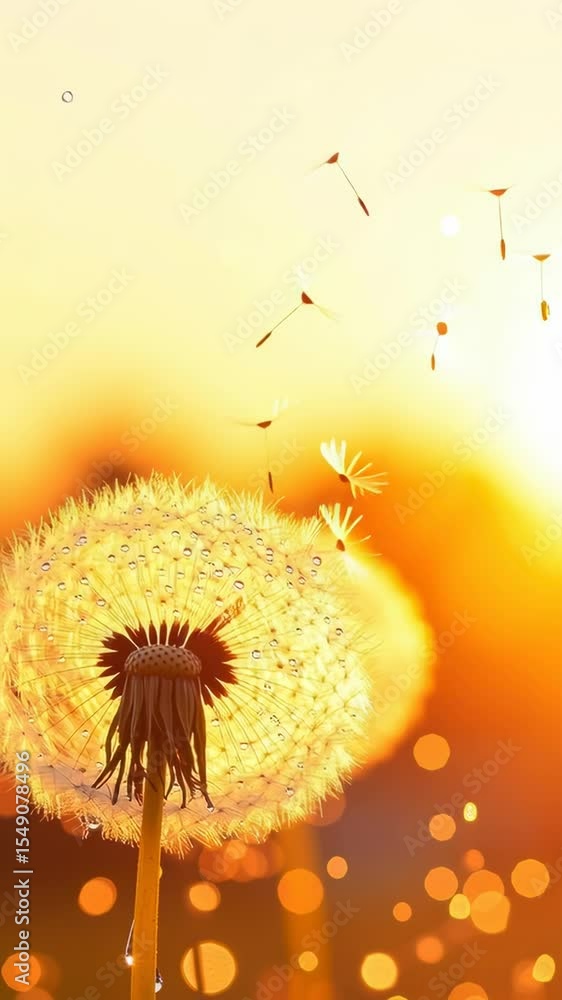 Poster a stunning view of a dandelion illuminated by warm sunset light, creating a magical atmosphere with 