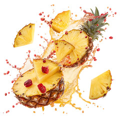 exploding-pieces-of-pineapples-splash-fruit-juice.- isolated on white background png, ai generated