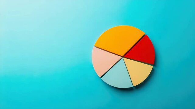 Colorful pie chart infographic with five to six segments blue background showcasing data visualization, business finance statistics, analysis graph, and presentation concepts bright vibrant style