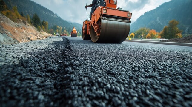 Large heavy-duty steamroller vehicle compacting asphalt du road construction work outdoor