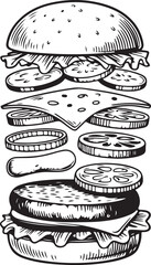 Traditional ink sketch of exploding hamburger layers