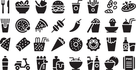Takeout food vector icon set with delivery scooter and snacks
