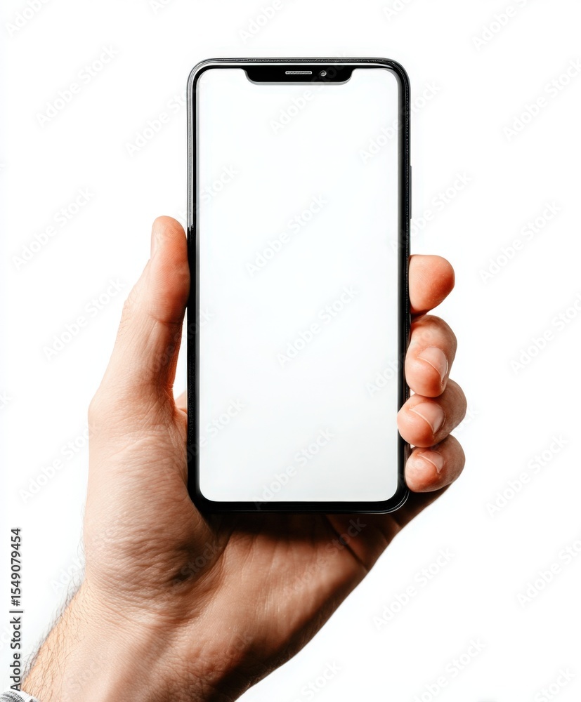 Poster hand holding a modern smartphone with empty screen in front of white background