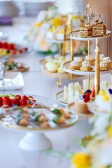 Assorted delicious desserts and cakes exquisitely arranged on table, close-up, festive celebration, buffet