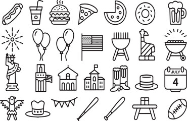 Independence Day celebration icons with patriotic food, symbols, and party elements