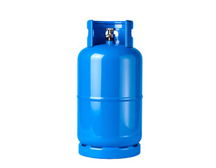 Blue gas cylinder isolated on white, metal tank for fuel storage.