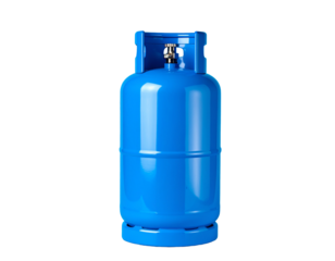 Blue gas cylinder isolated on white, metal tank for fuel storage.