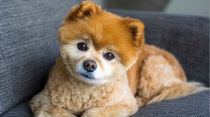 Fluffy pomeranian grooming style with rounded teddy bear cut and expressive eyes