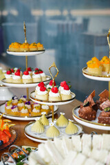 Assorted delicious desserts and cakes exquisitely arranged on table, close-up, festive celebration, buffet