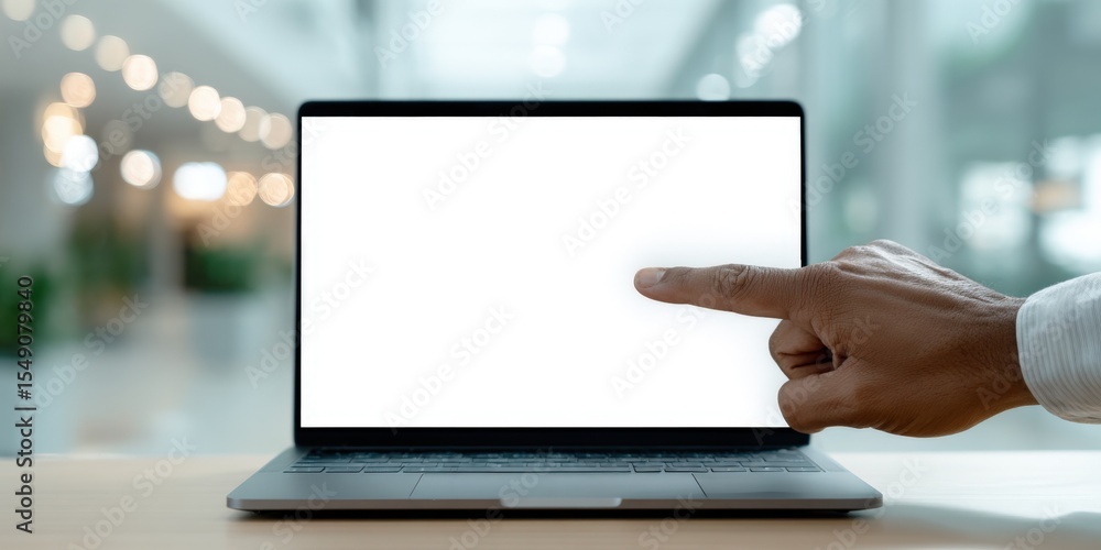 Poster Modern laptop computer with blank screen on table in bright office environment