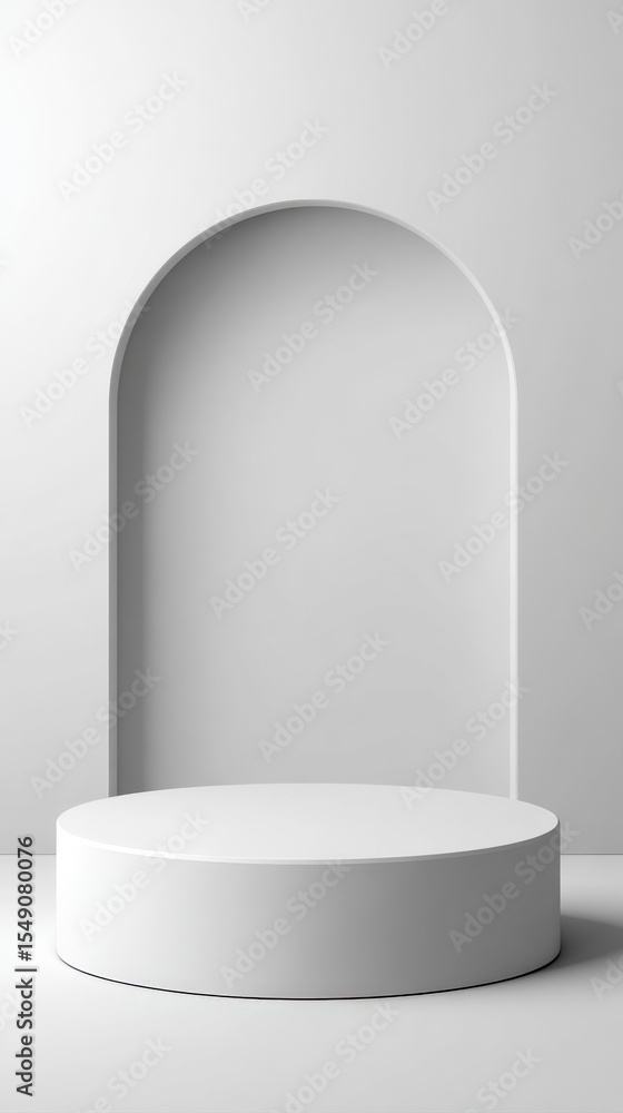 Poster Minimalist white round platform with arched backdrop in modern studio setting