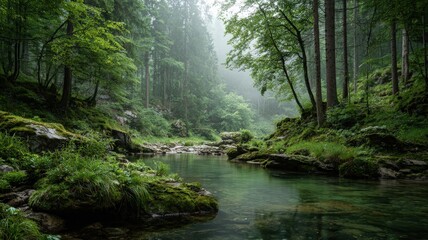 Obraz premium A wide shot of a calm stream winding through a vibrant green forest, with mist gently rising from the water