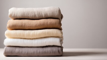 Obraz na płótnie Canvas Stack of neatly folded soft fabric blankets in neutral colors on light background