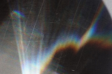 scratched vintage glass texture with iridescent rainbow light refraction, abstract grunge overlay...