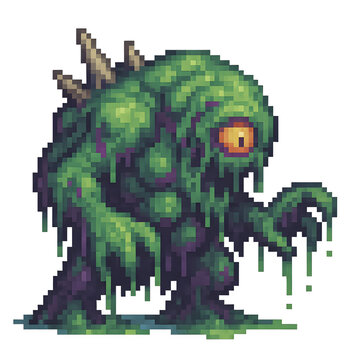 pixel art slime monster made of toxic green and violet sludge with bony spikes and a glowing eye, perfect for RPG enemies, fantasy games, or horror-themed pixel designs.