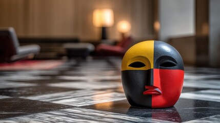 Minimalist Bauhaus mask in red yellow and black on a softly blurred modernist interior backdrop