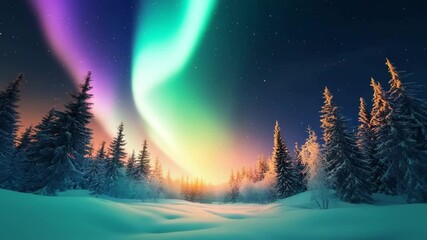 Northern lights aurora borealis winter snowy forest pine tree night sky colorful starry sky cold weather snow covered ground nature scenic outdoor wilderness tranquil peaceful natural phenomenon - Powered by Adobe