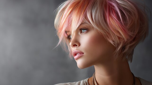 Cute pixie bob with soft pastel pink highlights and wispy bangs