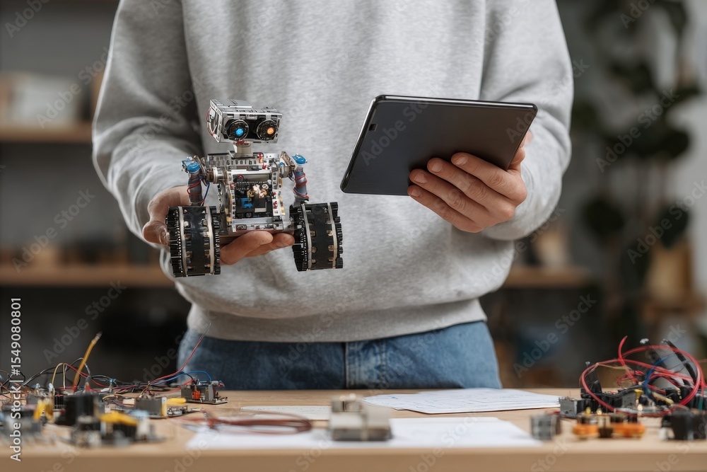 Poster person holding a small robot and a digital tablet with electronic components on table