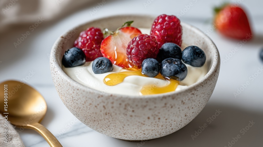 Aufkleber fresh assorted berries with creamy yogurt in a rustic bowl for healthy breakfast