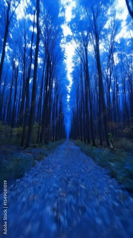 Poster enchanting forest path illuminated by a spectral blue light filtering through the canopy of towering