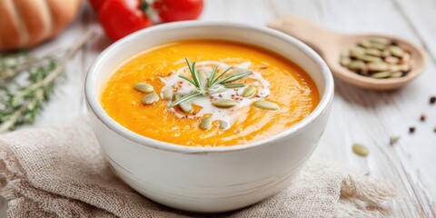 Creamy Pumpkin Soup with Cream Garnish Fresh Herbs and Pumpkin Seeds in White Bowl