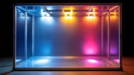 Modern illuminated showcase with colorful LED lighting displaying vibrant blue pink and orange hues